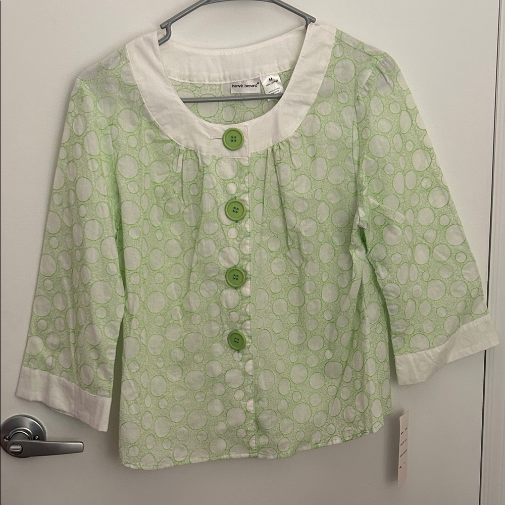 Harve Benard Light Green Dot Button-Up Top with White Trim
